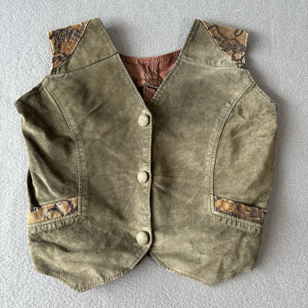 Vintage 90s Olive Faux Suede Tapestry Vest Boho Western Button Front Granola